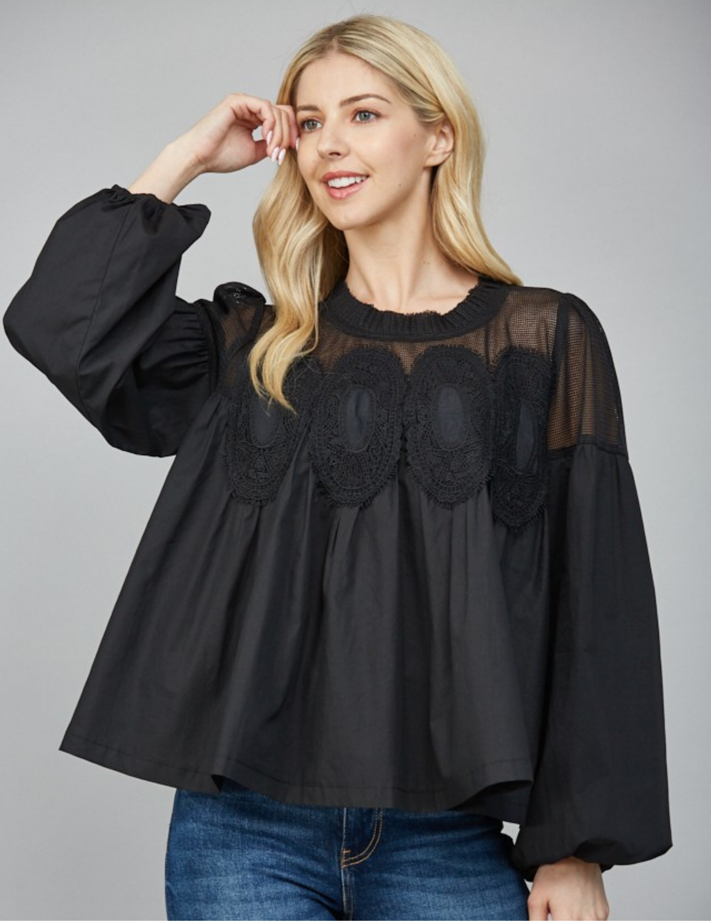 Black Lace Applique Long Sleeve Blouse - Tres Chic Boutique