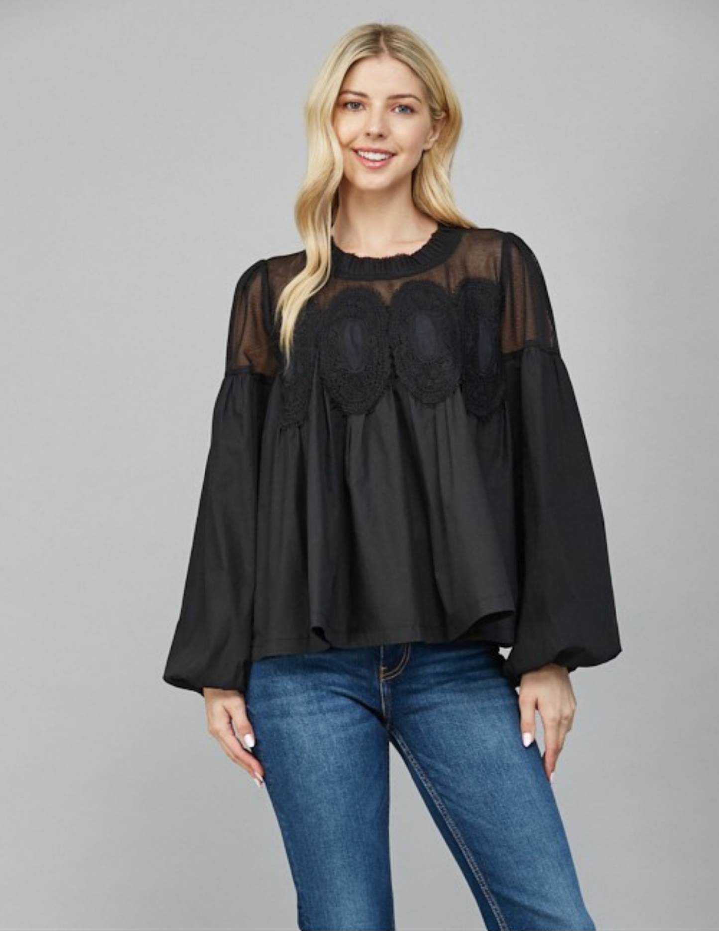Black Lace Applique Long Sleeve Blouse - Tres Chic Boutique