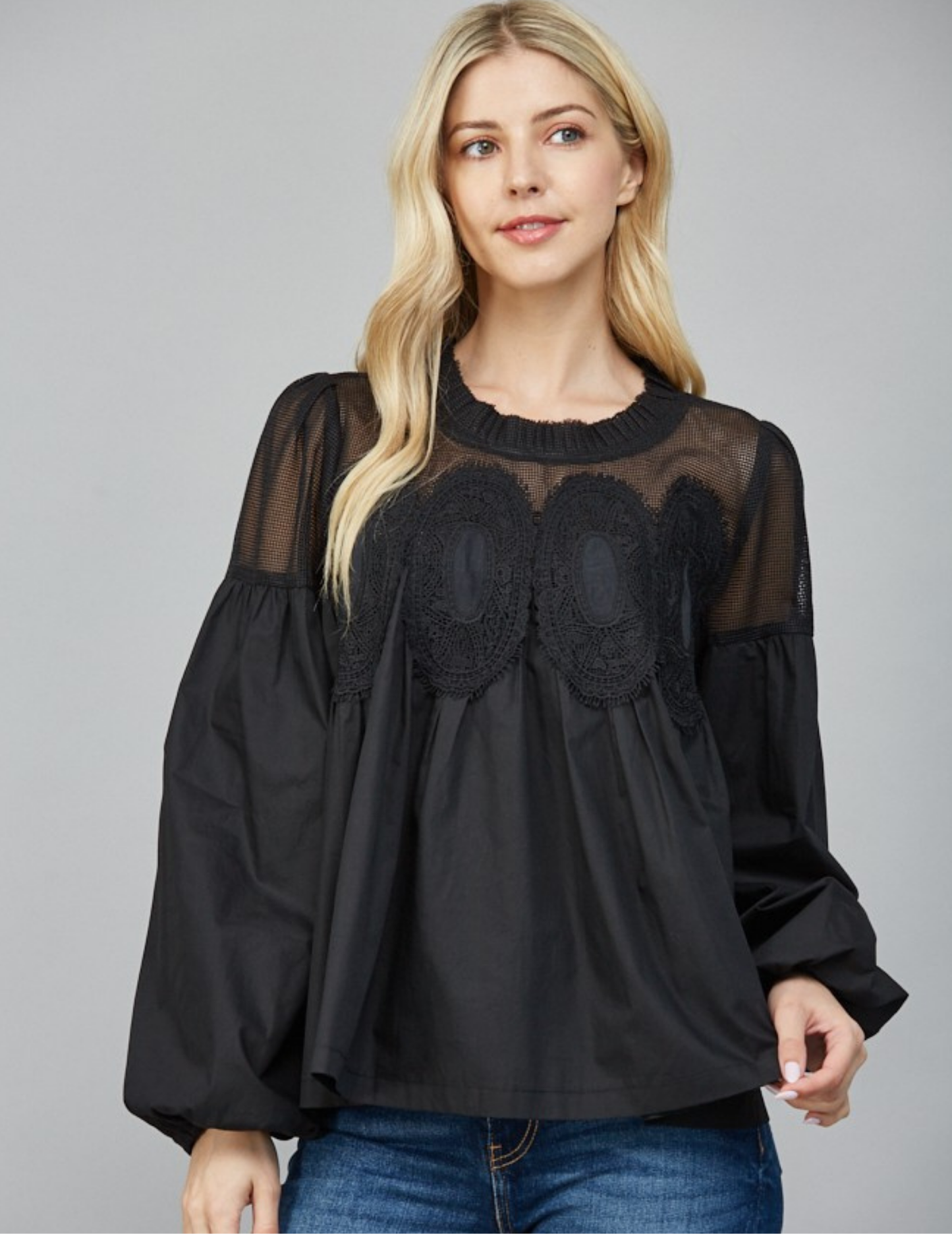 Black Lace Applique Long Sleeve Blouse - Tres Chic Boutique