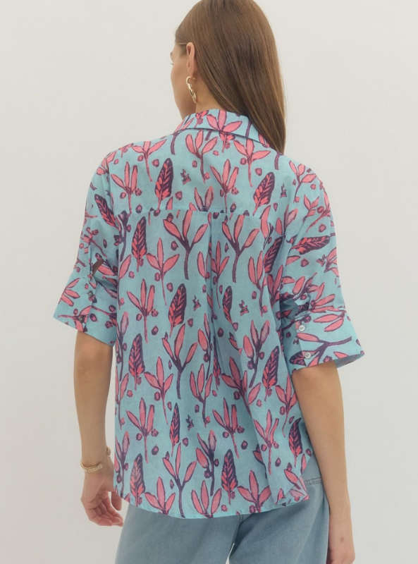 Botanical Print Button Up Top-Light Blue