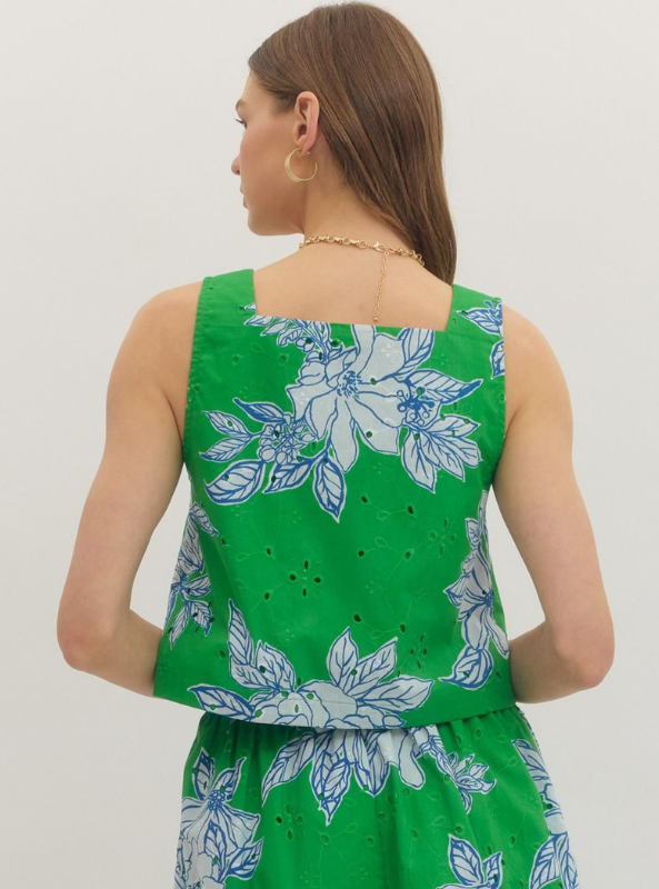Botanical Print Square Neck Top- Green