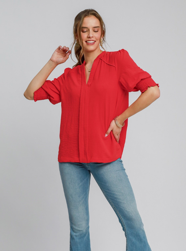Cherry Red Smocked Cuff Popover Top - Tres Chic Boutique