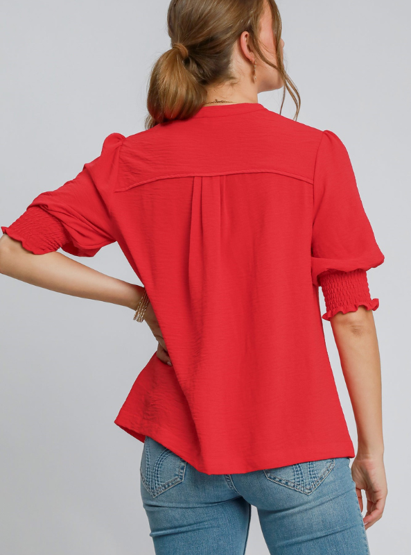 Cherry Red Smocked Cuff Popover Top - Tres Chic Boutique
