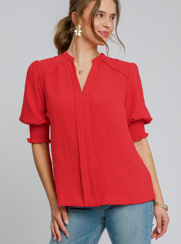 Cherry Red Smocked Cuff Popover Top - Tres Chic Boutique