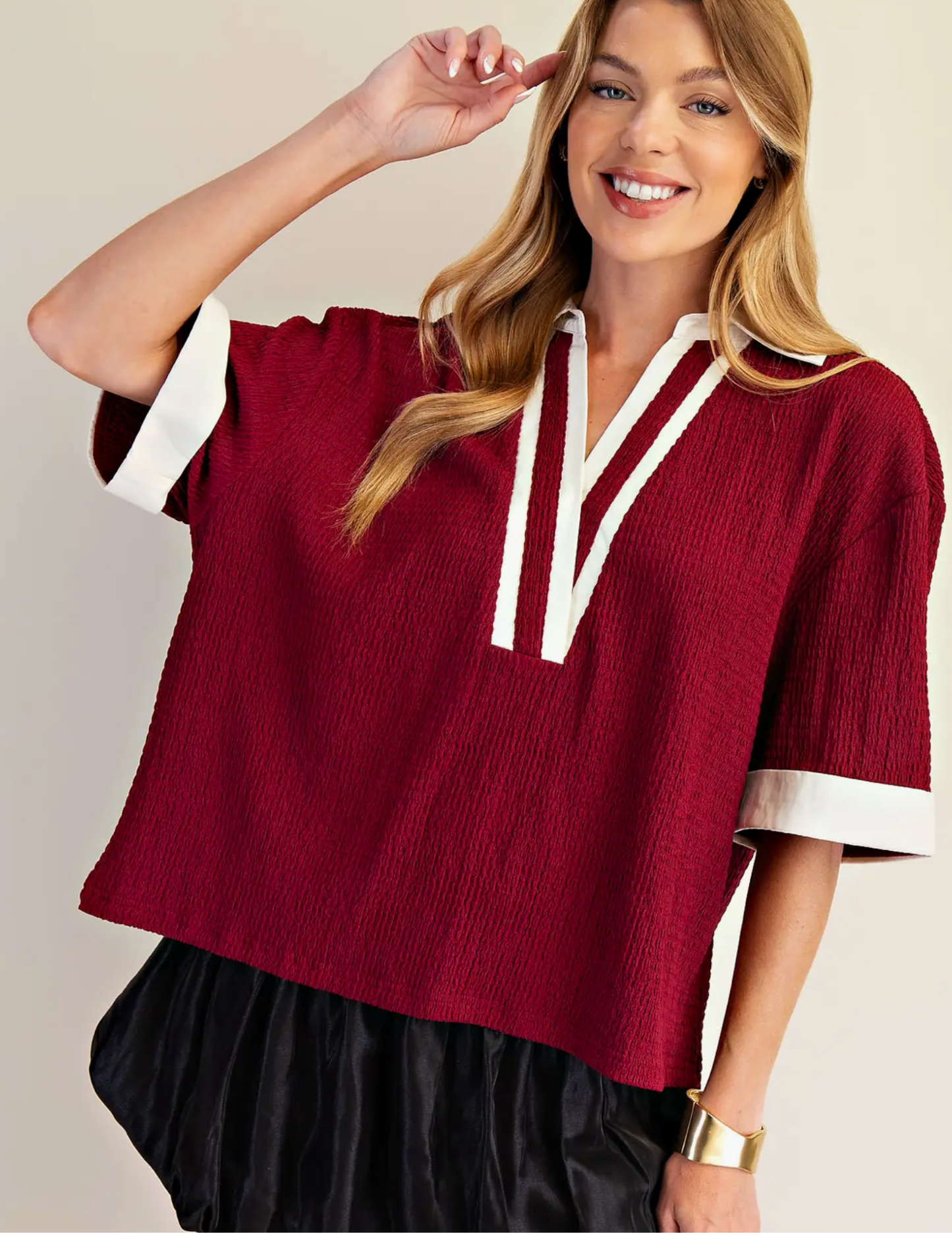 Varsity Vneck Top-Wine & White