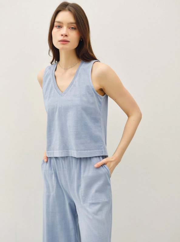 Denim Cropped Basic V-Neck Tank - Tres Chic Boutique