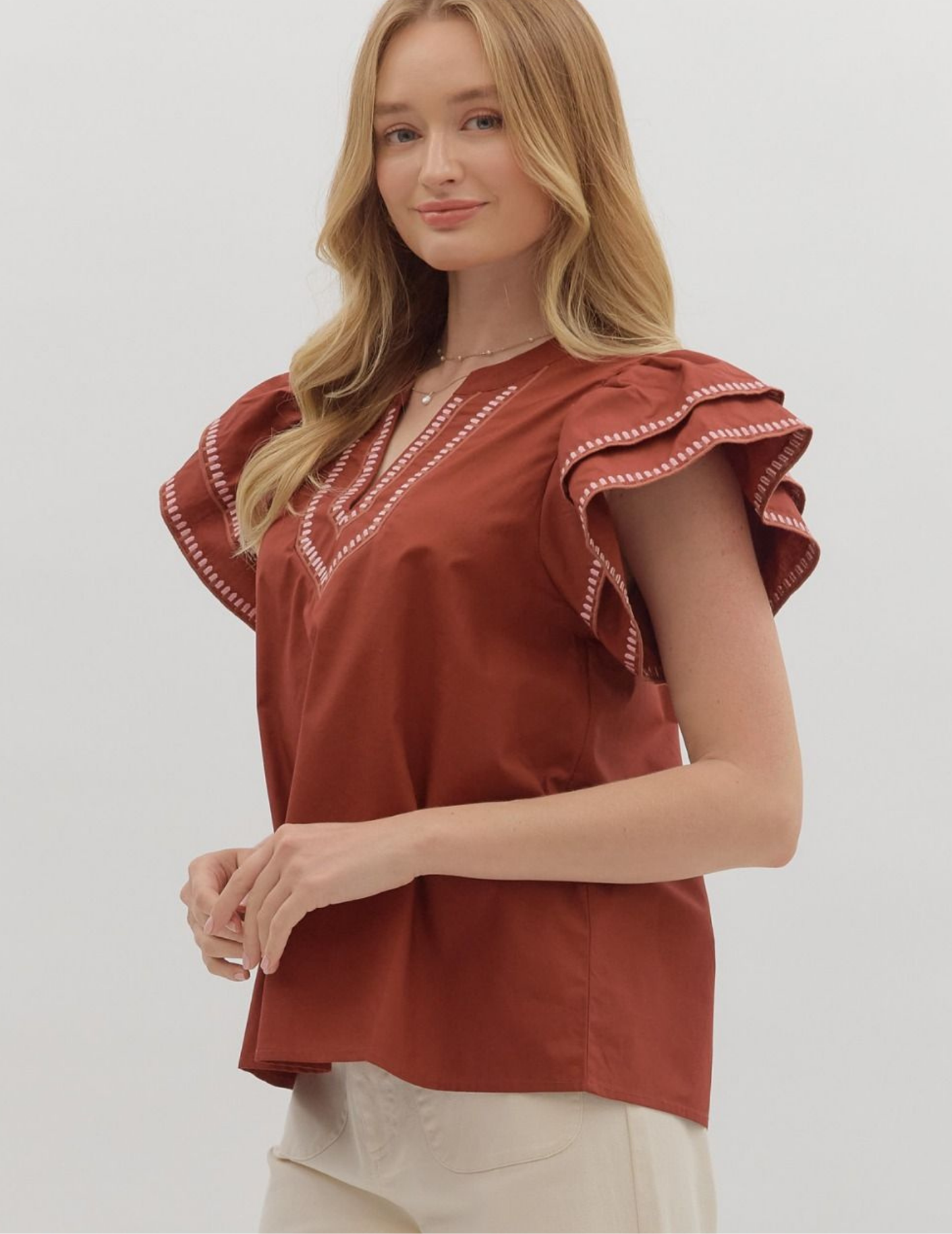 Easy Breezy Brick Flutter Sleeve Top - Tres Chic Boutique