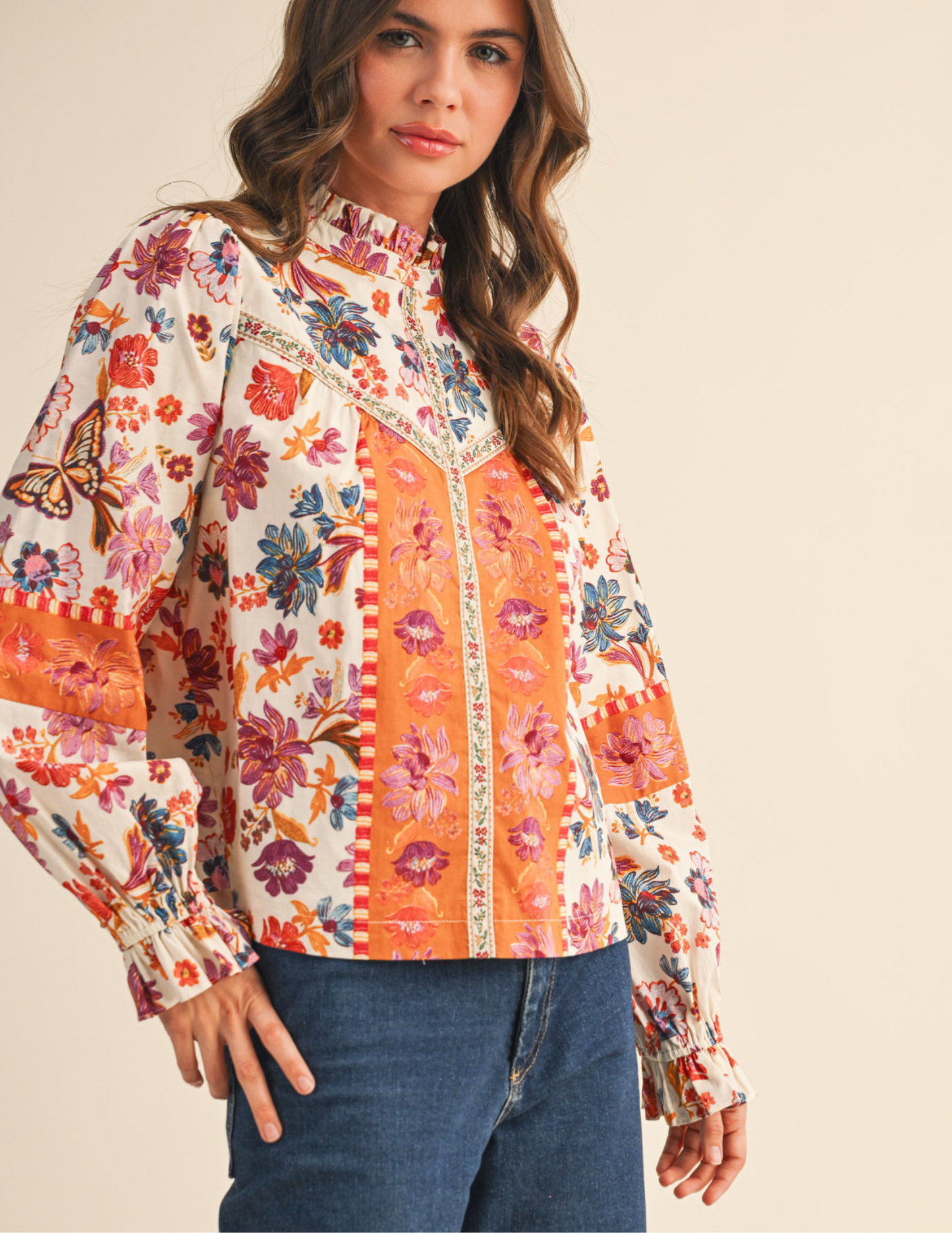 Exclusive Floral Border Print Top with Floral Trim - Tres Chic Boutique