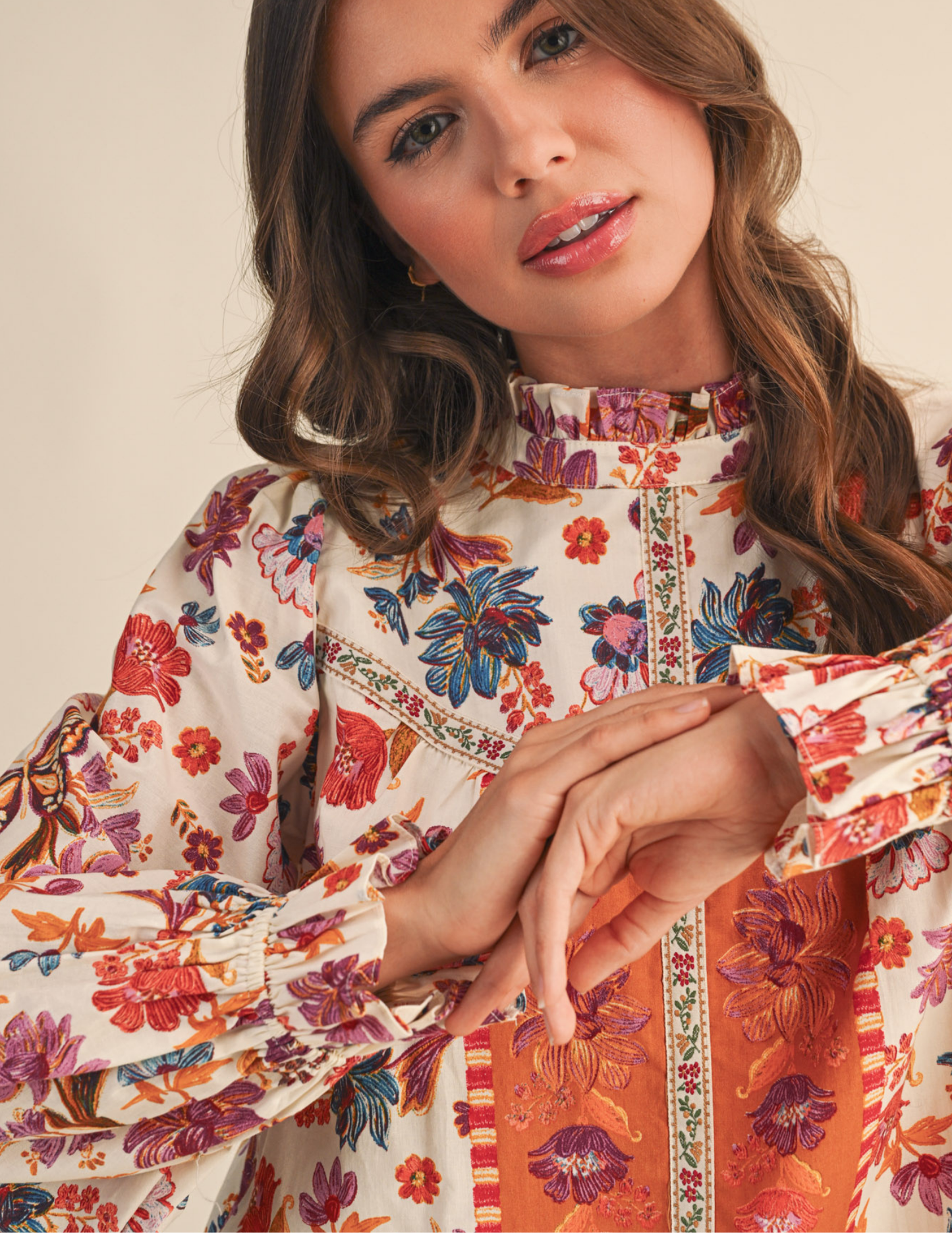 Exclusive Floral Border Print Top with Floral Trim - Tres Chic Boutique