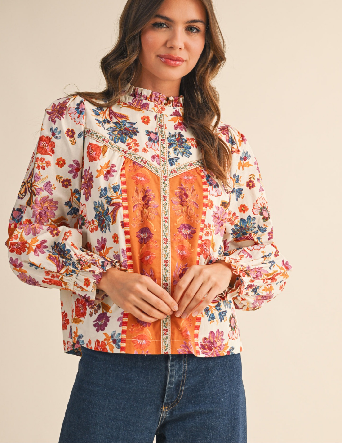 Exclusive Floral Border Print Top with Floral Trim - Tres Chic Boutique
