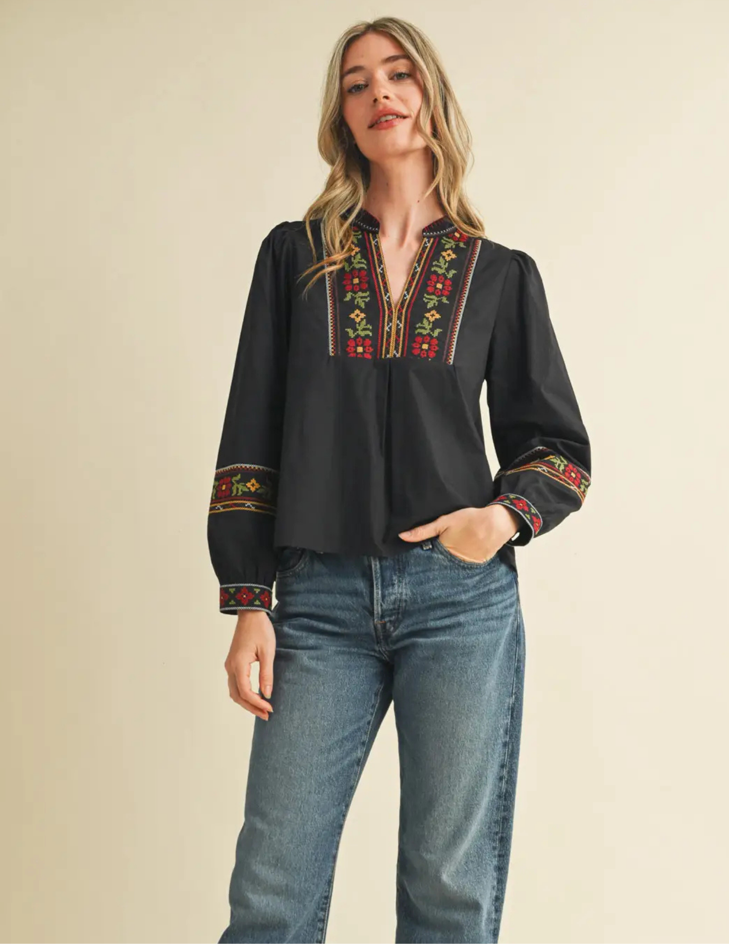 Floral Cross Stitch Embroidered Puff Sleeve Top- Black - Tres Chic Boutique