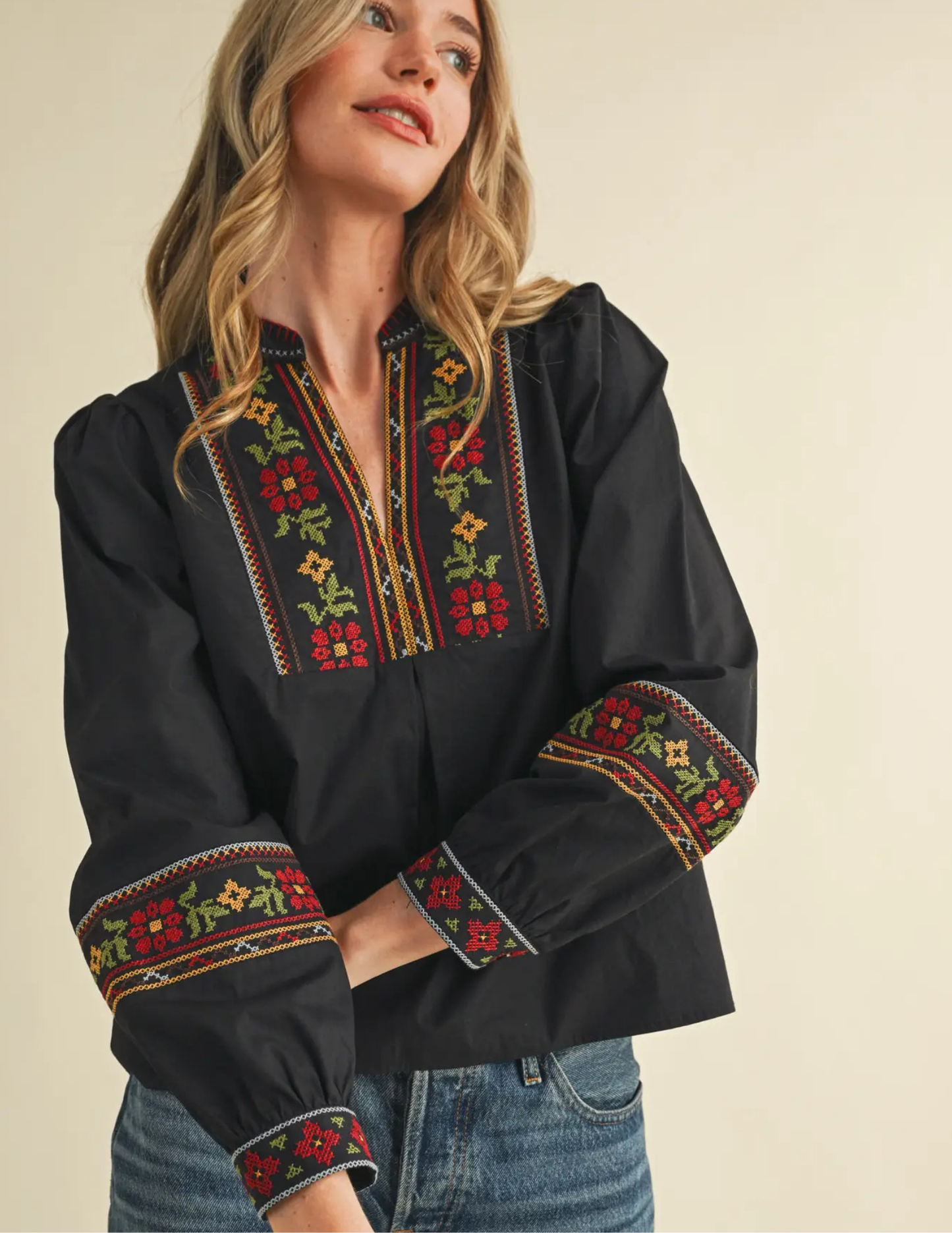 Floral Cross Stitch Embroidered Puff Sleeve Top- Black - Tres Chic Boutique