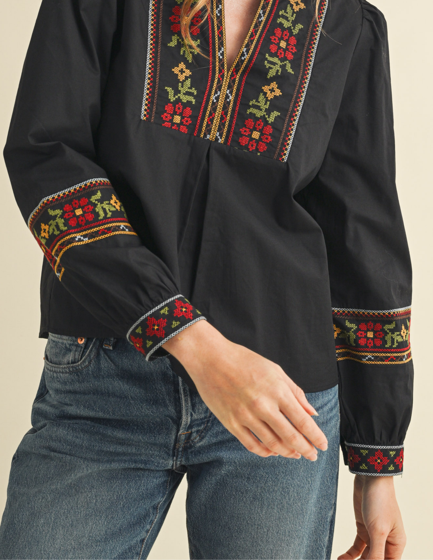 Floral Cross Stitch Embroidered Puff Sleeve Top- Black - Tres Chic Boutique