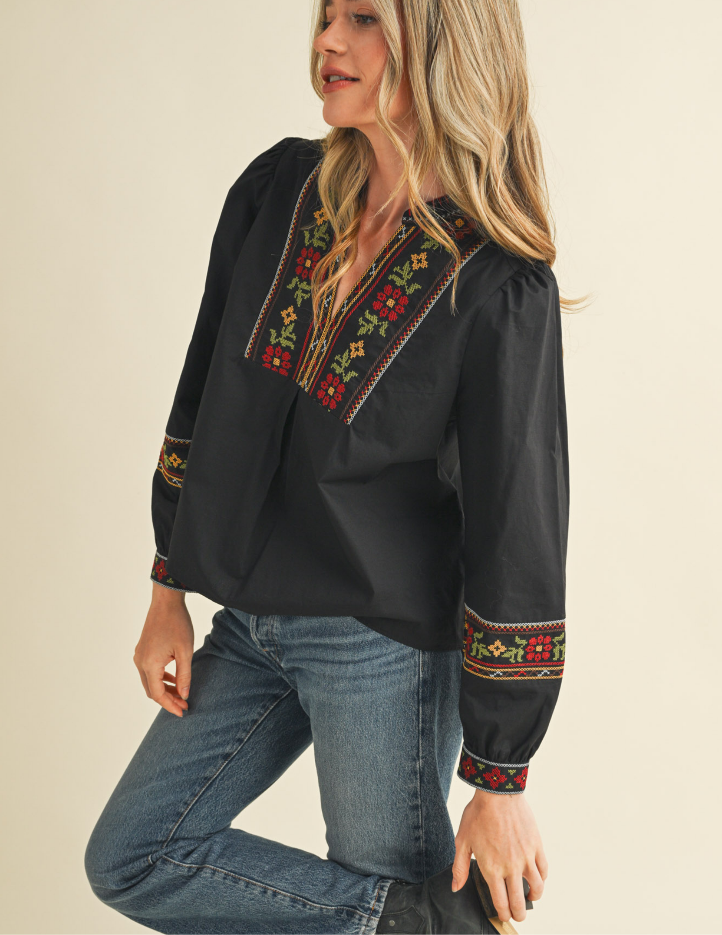 Floral Cross Stitch Embroidered Puff Sleeve Top- Black - Tres Chic Boutique