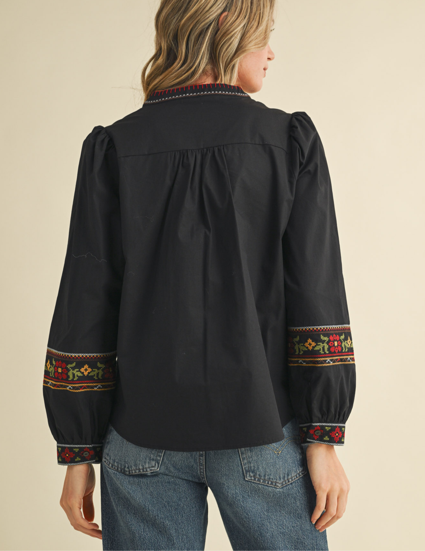 Floral Cross Stitch Embroidered Puff Sleeve Top- Black - Tres Chic Boutique