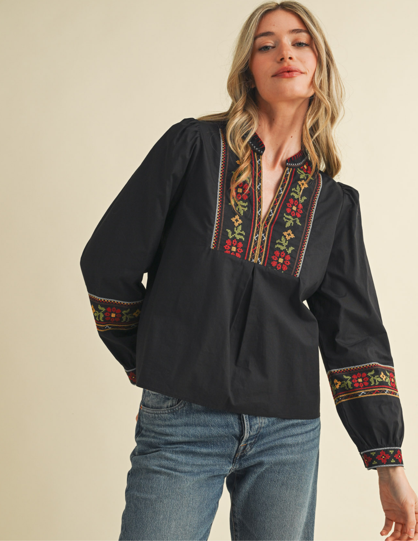 Floral Cross Stitch Embroidered Puff Sleeve Top- Black - Tres Chic Boutique
