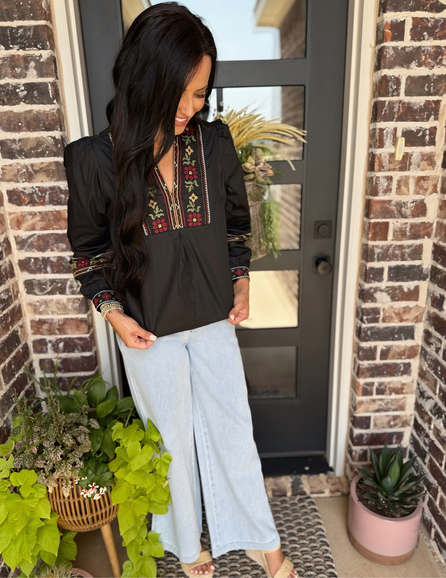 Floral Cross Stitch Embroidered Puff Sleeve Top- Black - Tres Chic Boutique