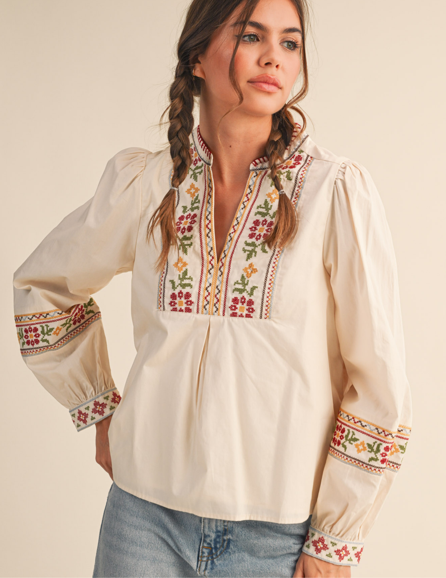 Floral Cross Stitch Embroidered Puff Sleeve Top- Ecru - Tres Chic Boutique