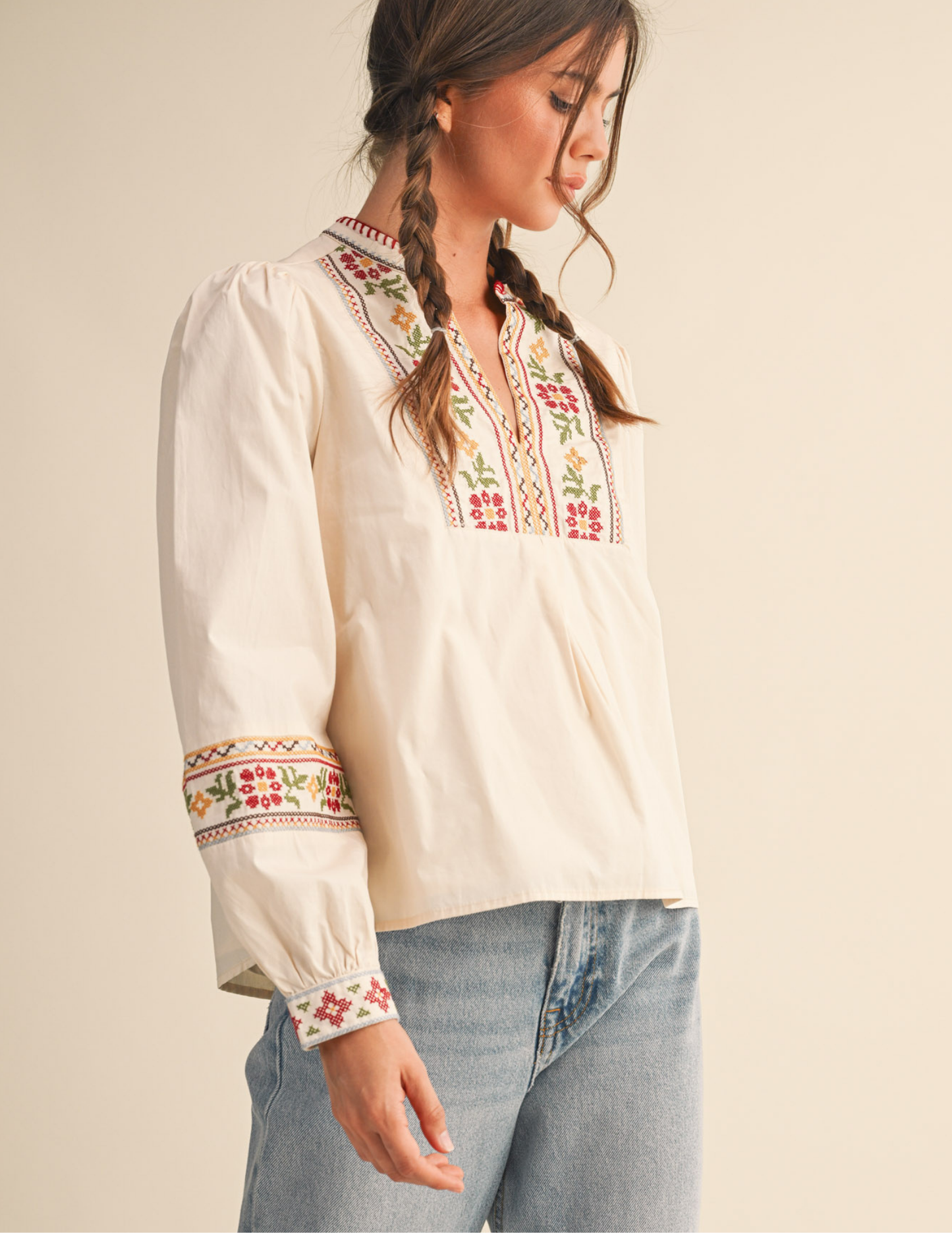 Floral Cross Stitch Embroidered Puff Sleeve Top- Ecru - Tres Chic Boutique