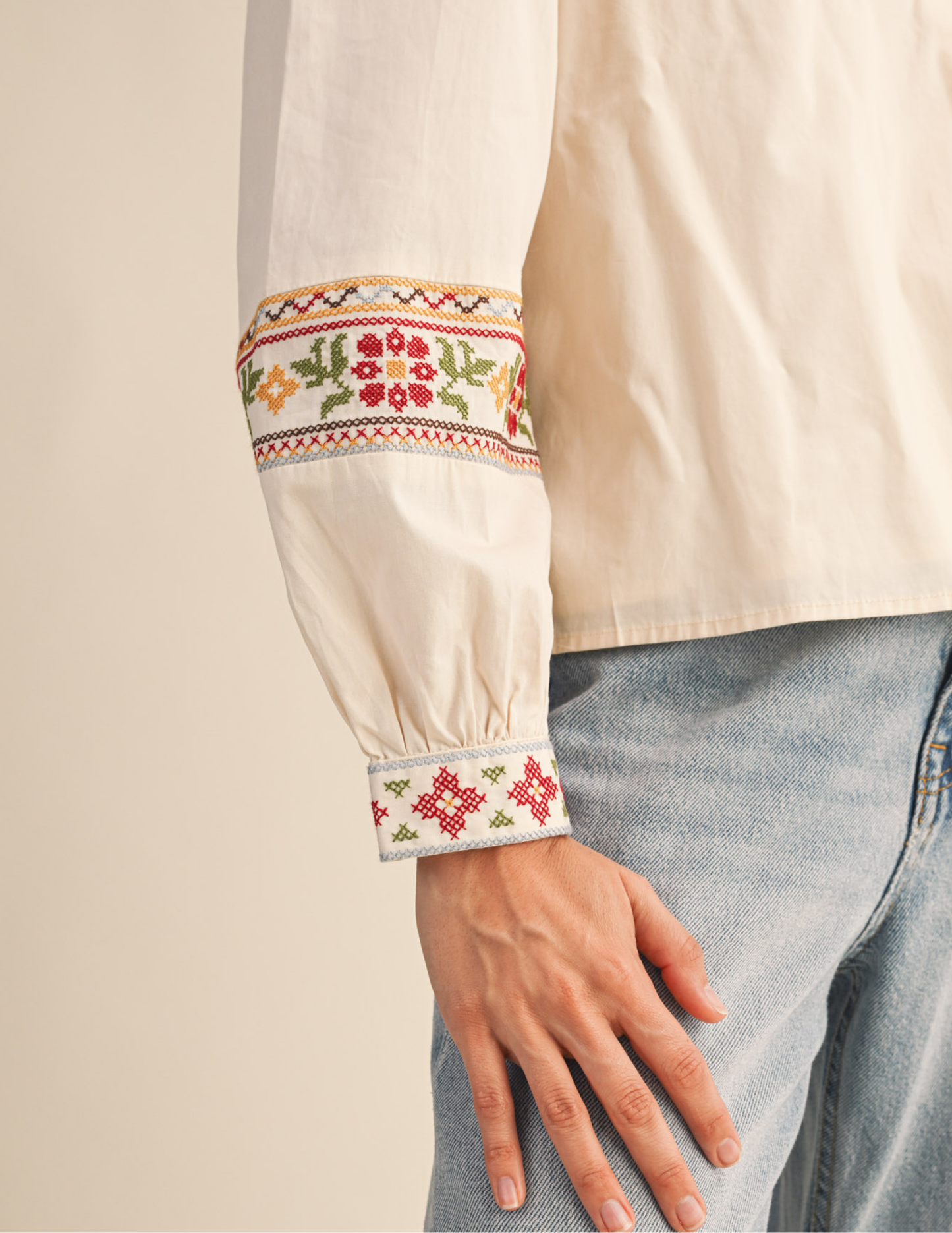 Floral Cross Stitch Embroidered Puff Sleeve Top- Ecru - Tres Chic Boutique