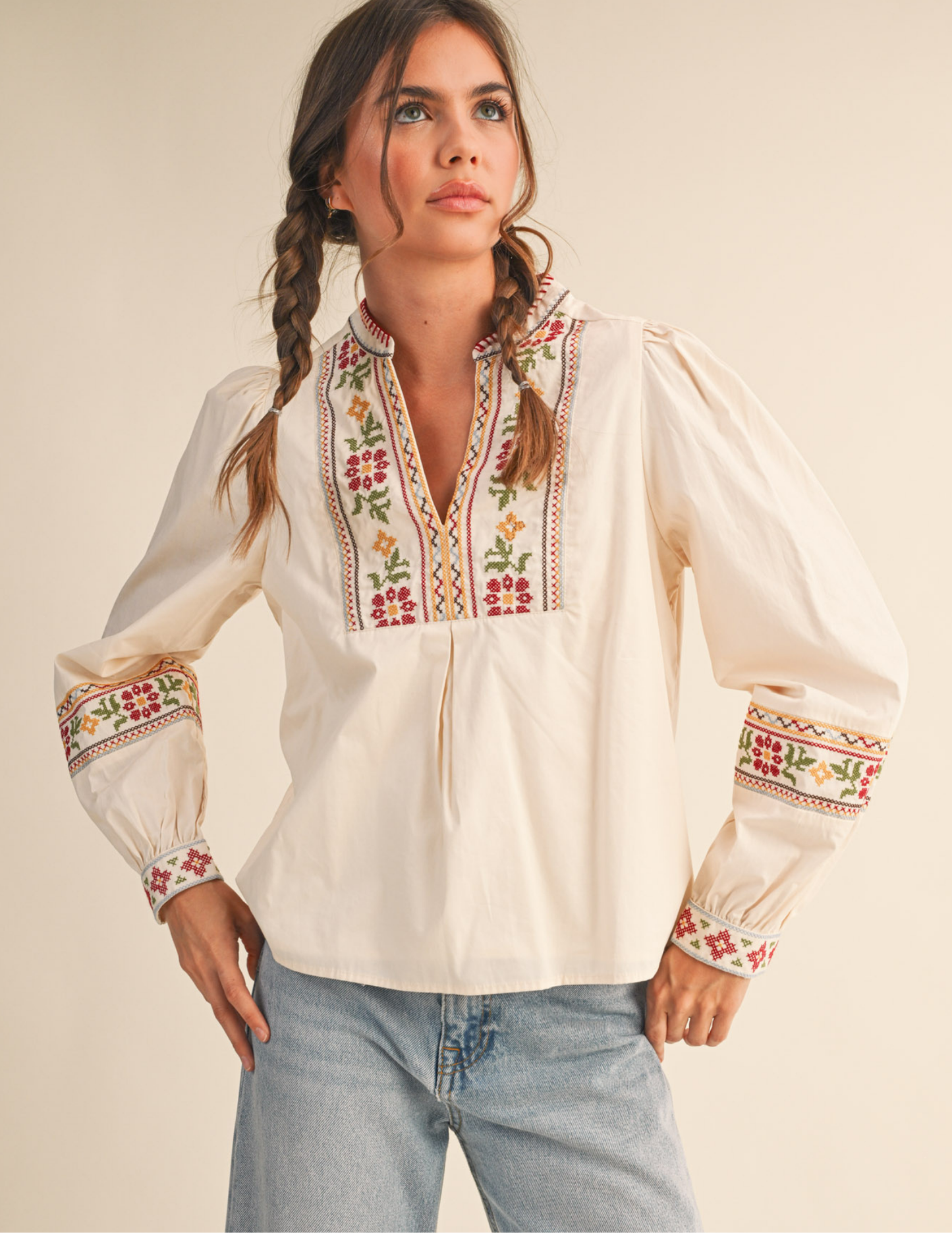 Floral Cross Stitch Embroidered Puff Sleeve Top- Ecru - Tres Chic Boutique