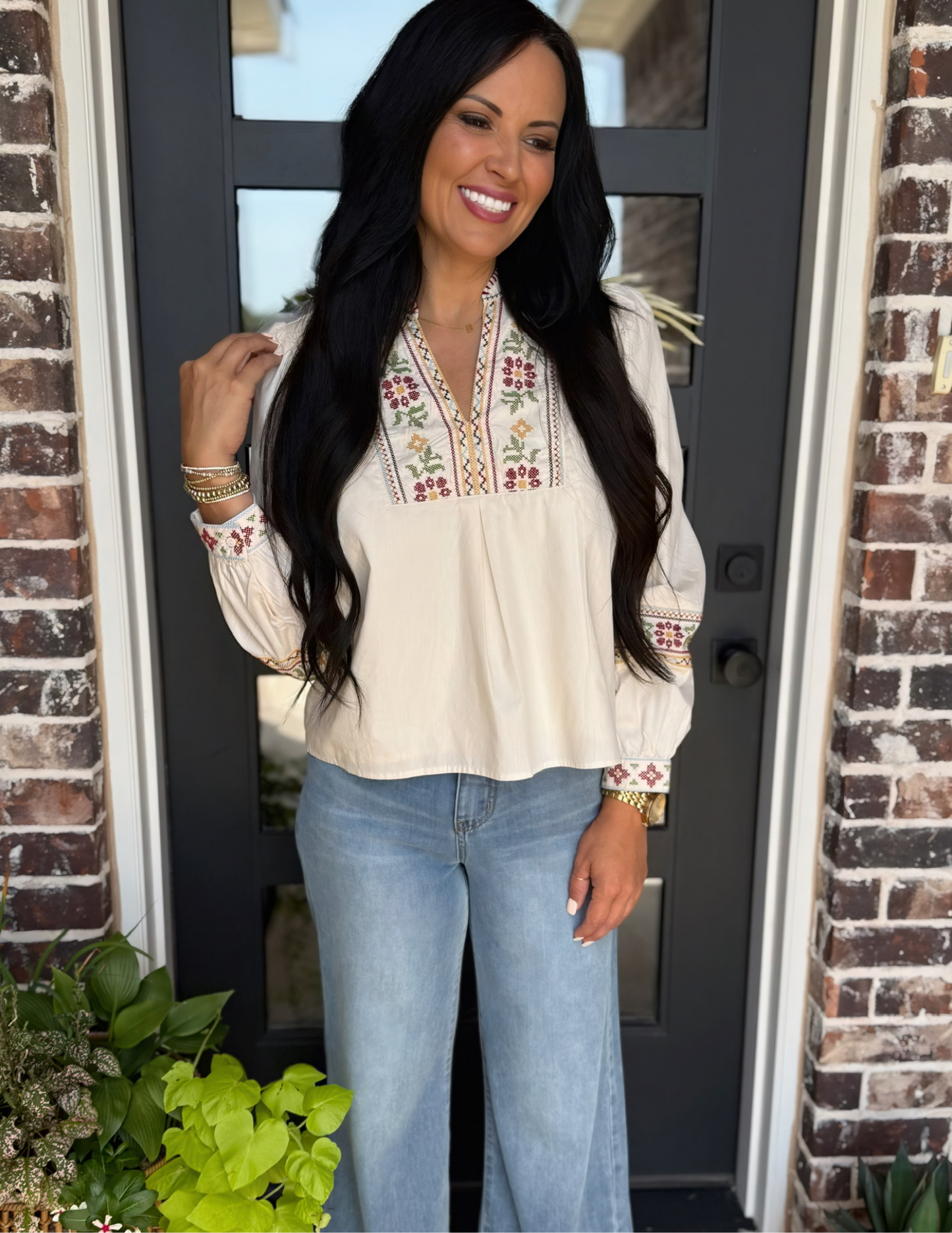 Floral Cross Stitch Embroidered Puff Sleeve Top- Ecru - Tres Chic Boutique