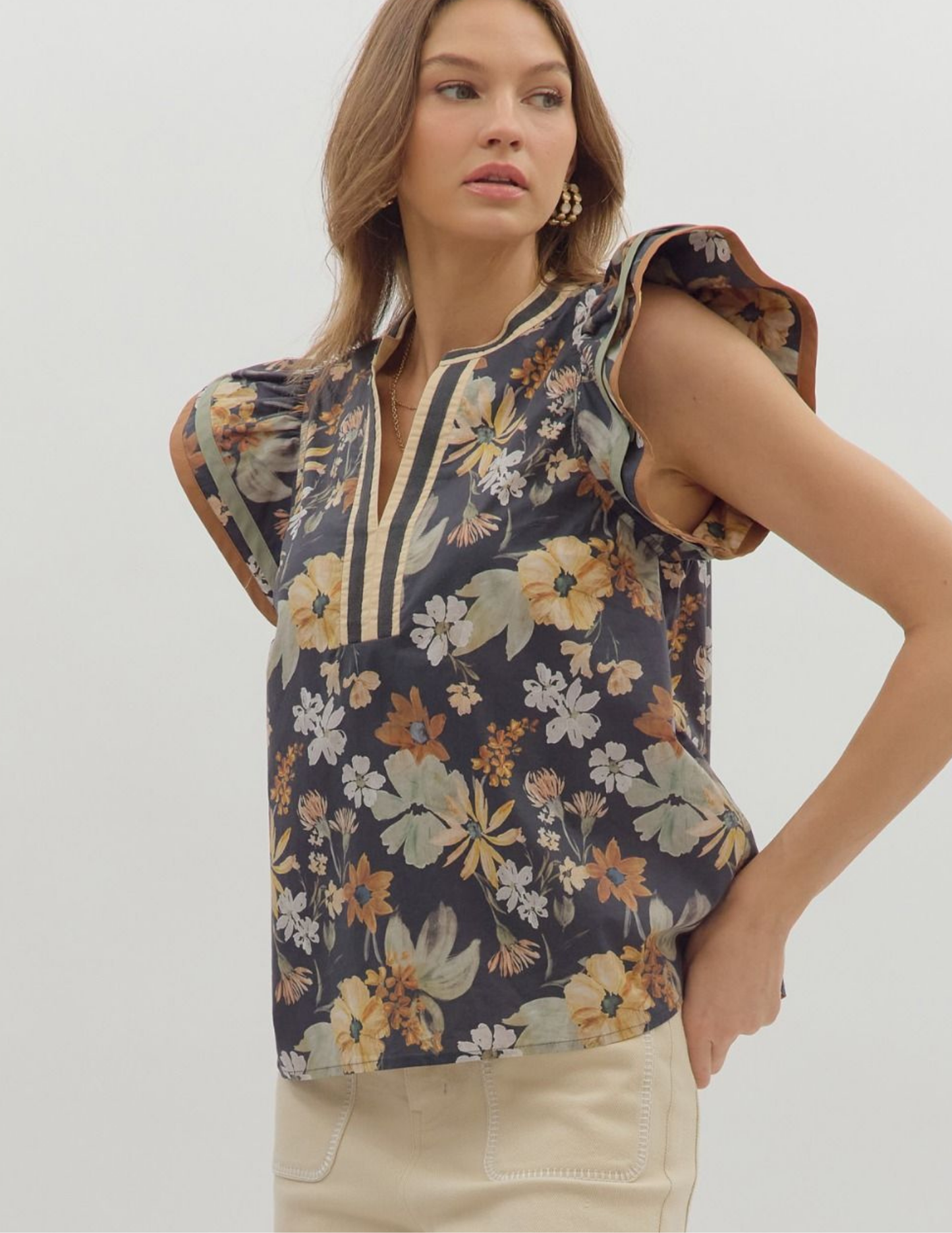 Floral Flutter Sleeve Top- Charcoal - Tres Chic Boutique