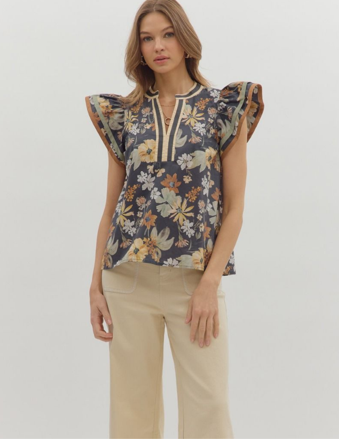 Floral Flutter Sleeve Top- Charcoal - Tres Chic Boutique