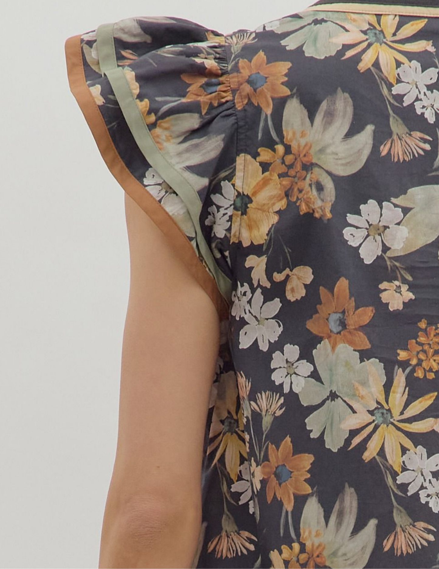 Floral Flutter Sleeve Top- Charcoal - Tres Chic Boutique