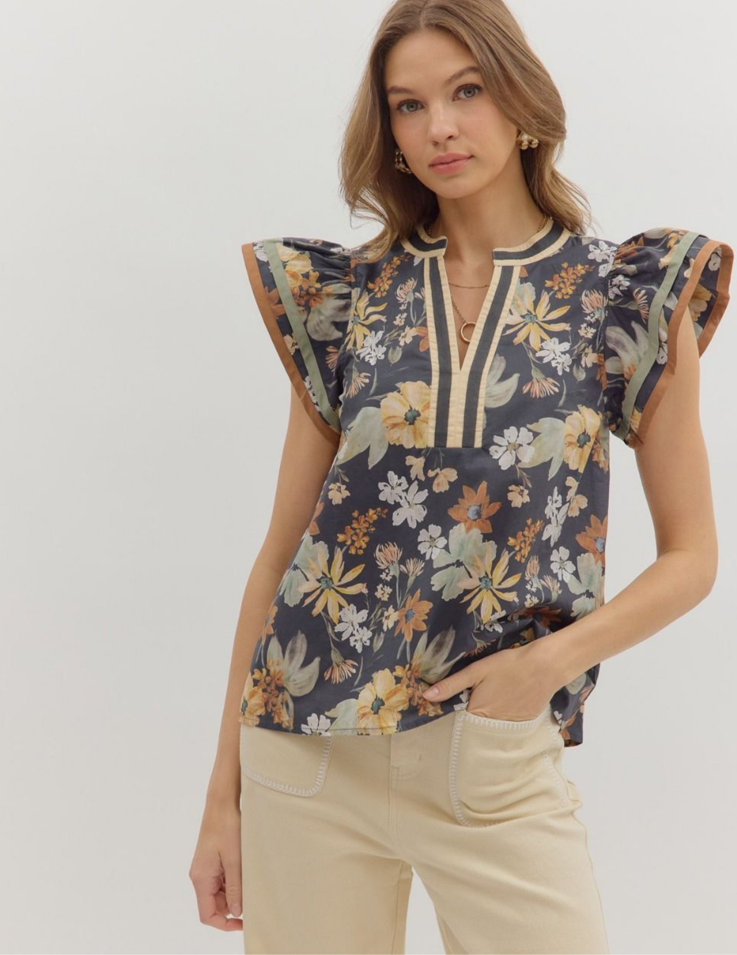 Floral Flutter Sleeve Top- Charcoal - Tres Chic Boutique