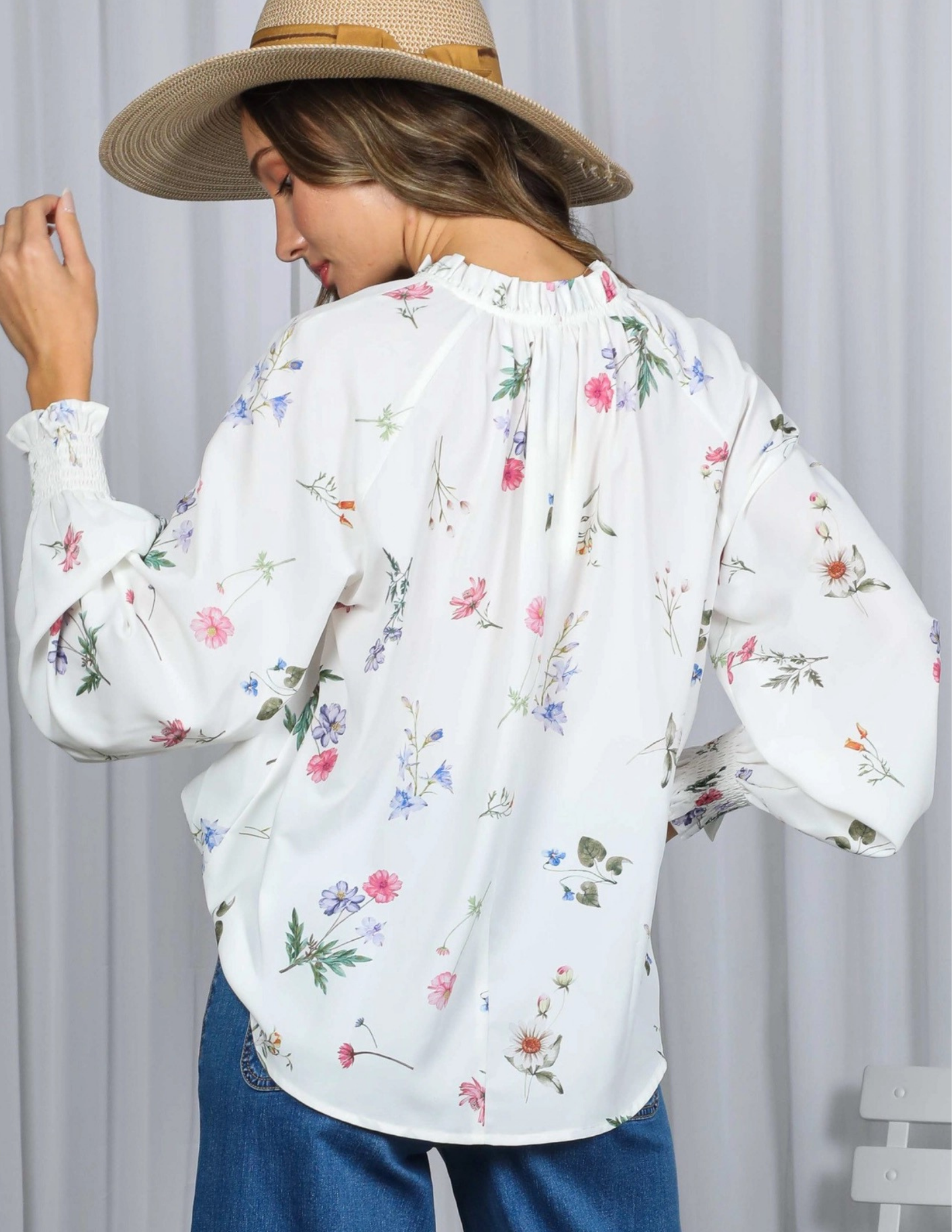 Floral Print V-Neck Top- Off White