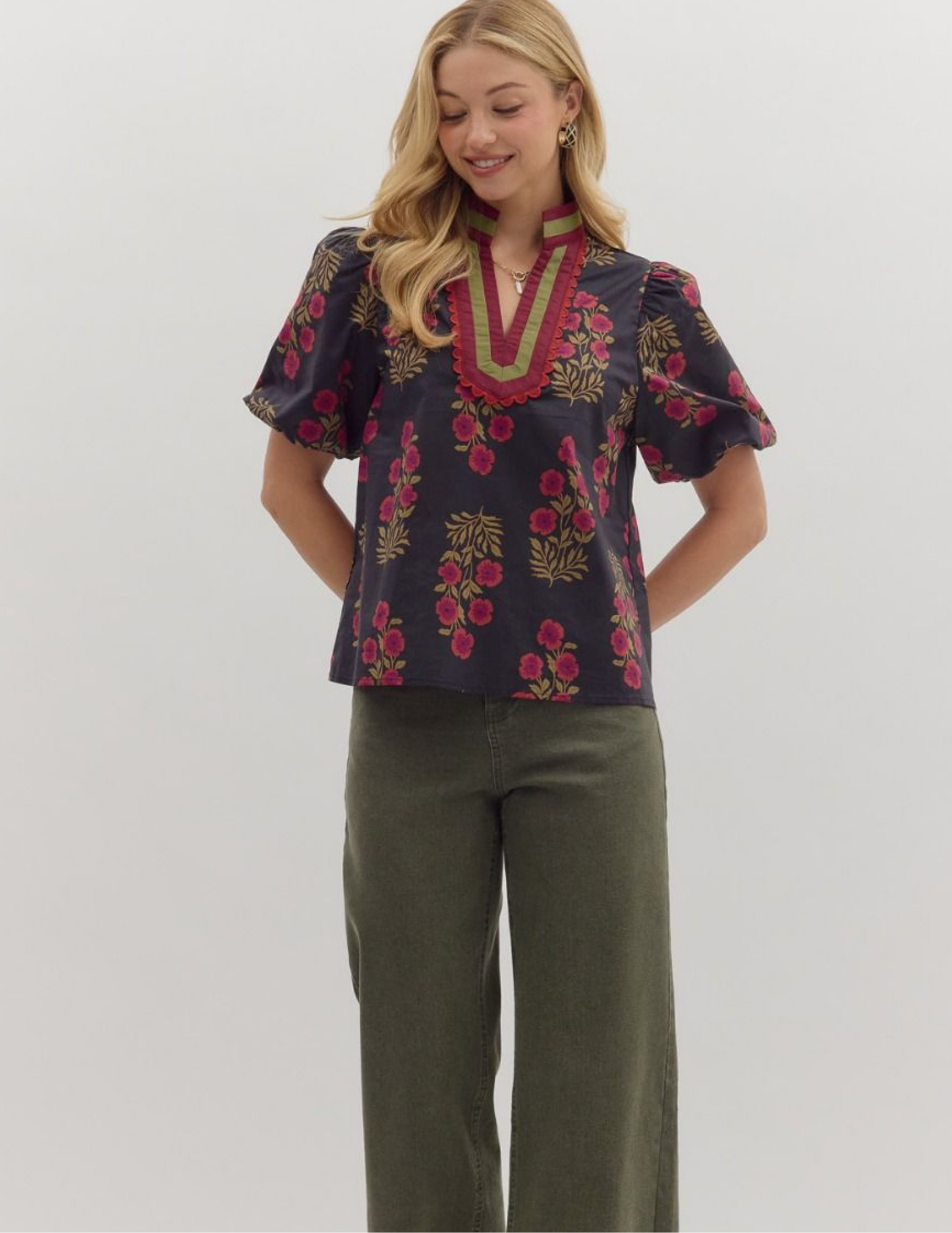Flourish With Love Floral V Neck Top-Black - Tres Chic Boutique