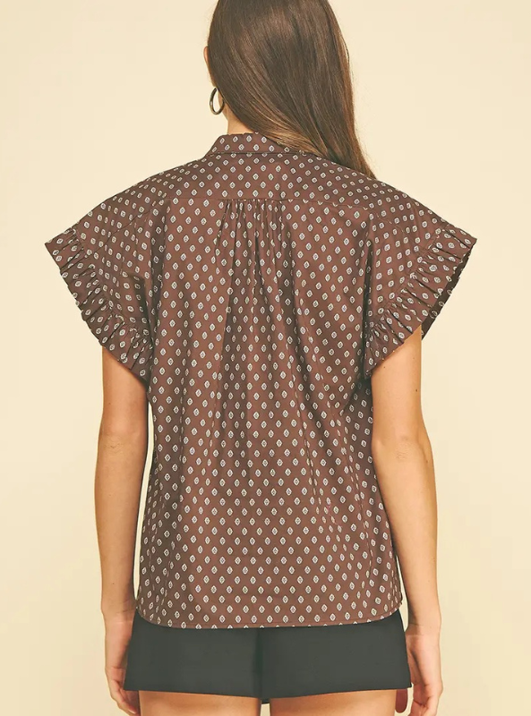 Geometric Diamond Print Top- Brown