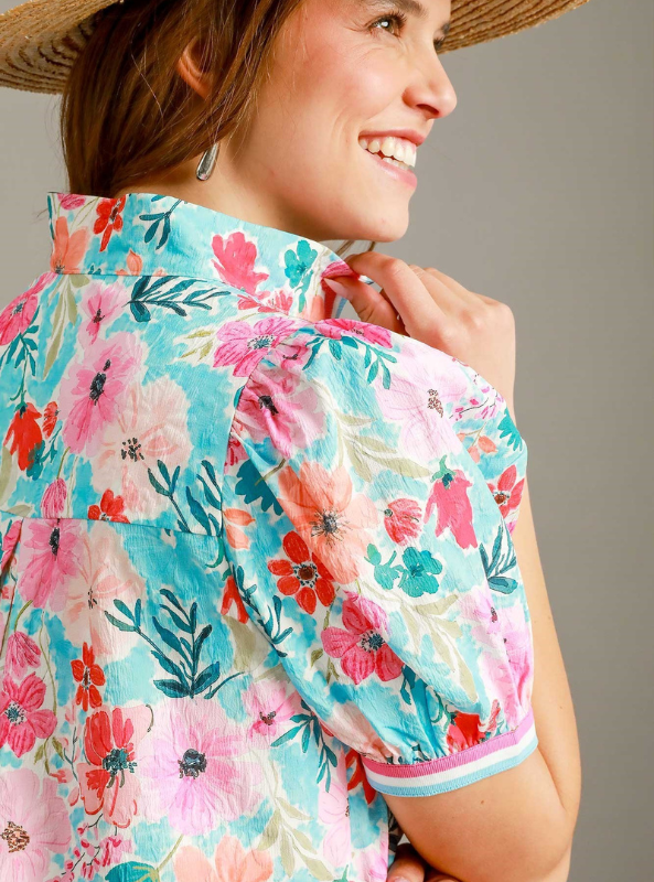 High Neck Floral Top- Pink/ Aqua