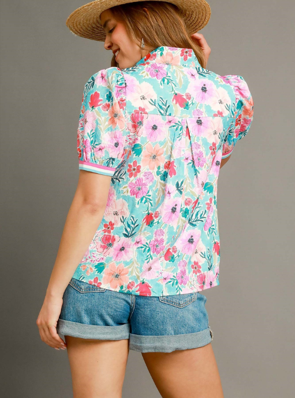 High Neck Floral Top- Pink/ Aqua