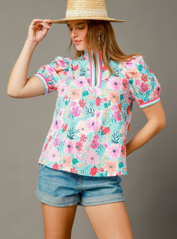High Neck Floral Top- Pink/ Aqua