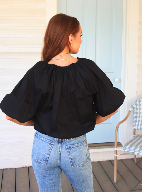 Karlie- Solid Bubble 3/4 Sleeve Top- Black