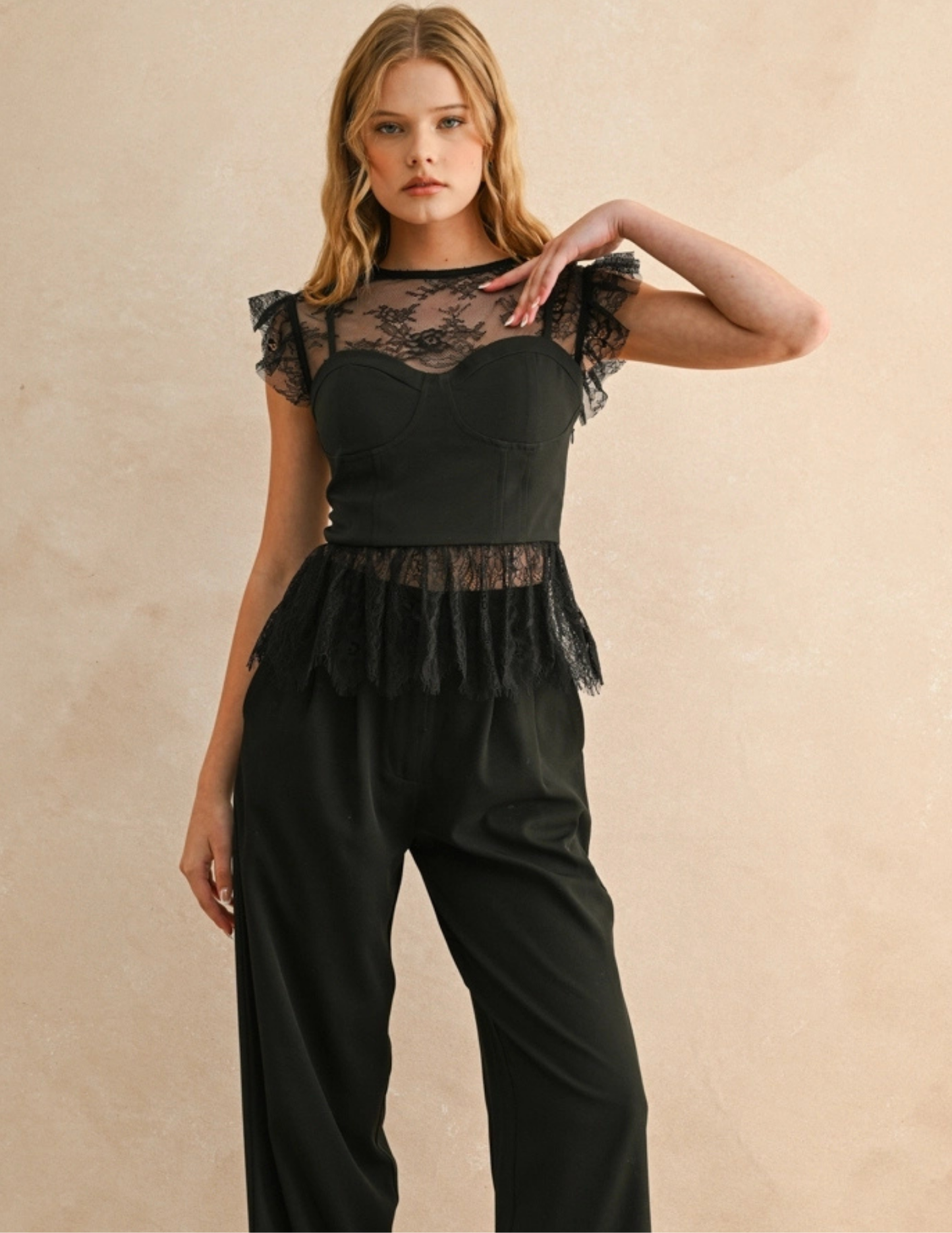 Lace Fabric Peplum Blouse- Black