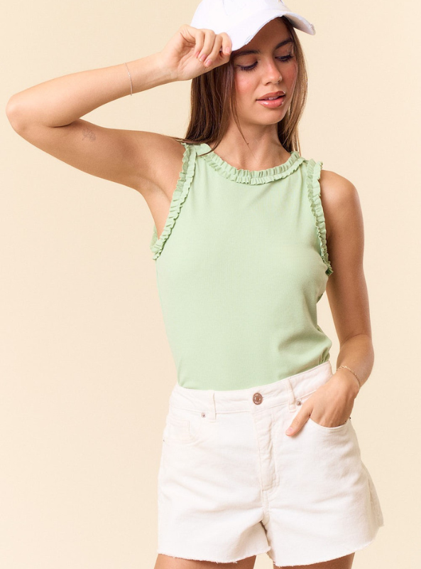 Light Sage Knit Tank Ruffle Trim