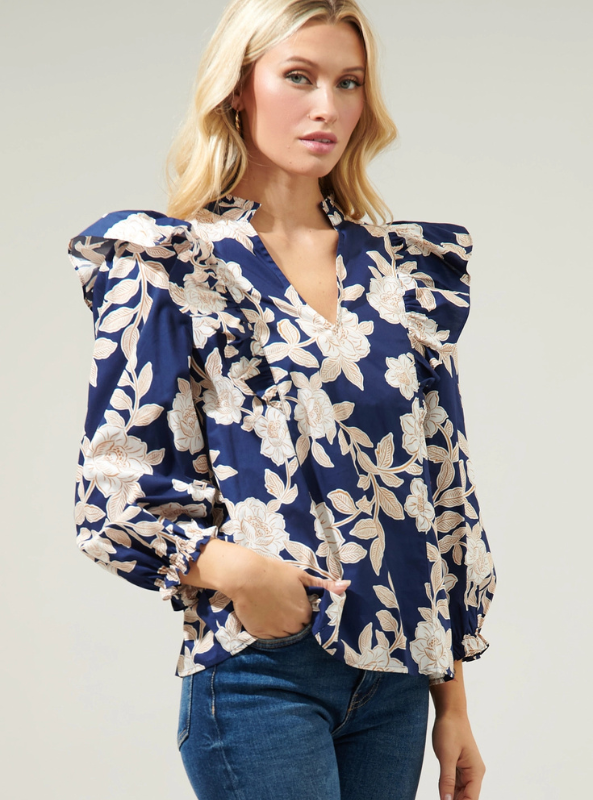 Lilo Night Tropics Grayson Ruffle Split Neck Top