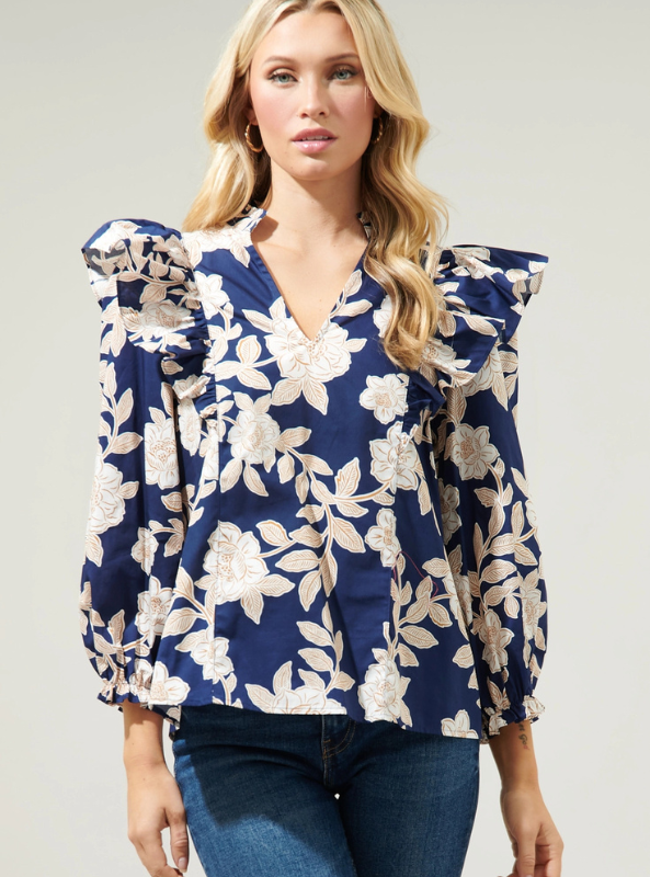 Lilo Night Tropics Grayson Ruffle Split Neck Top