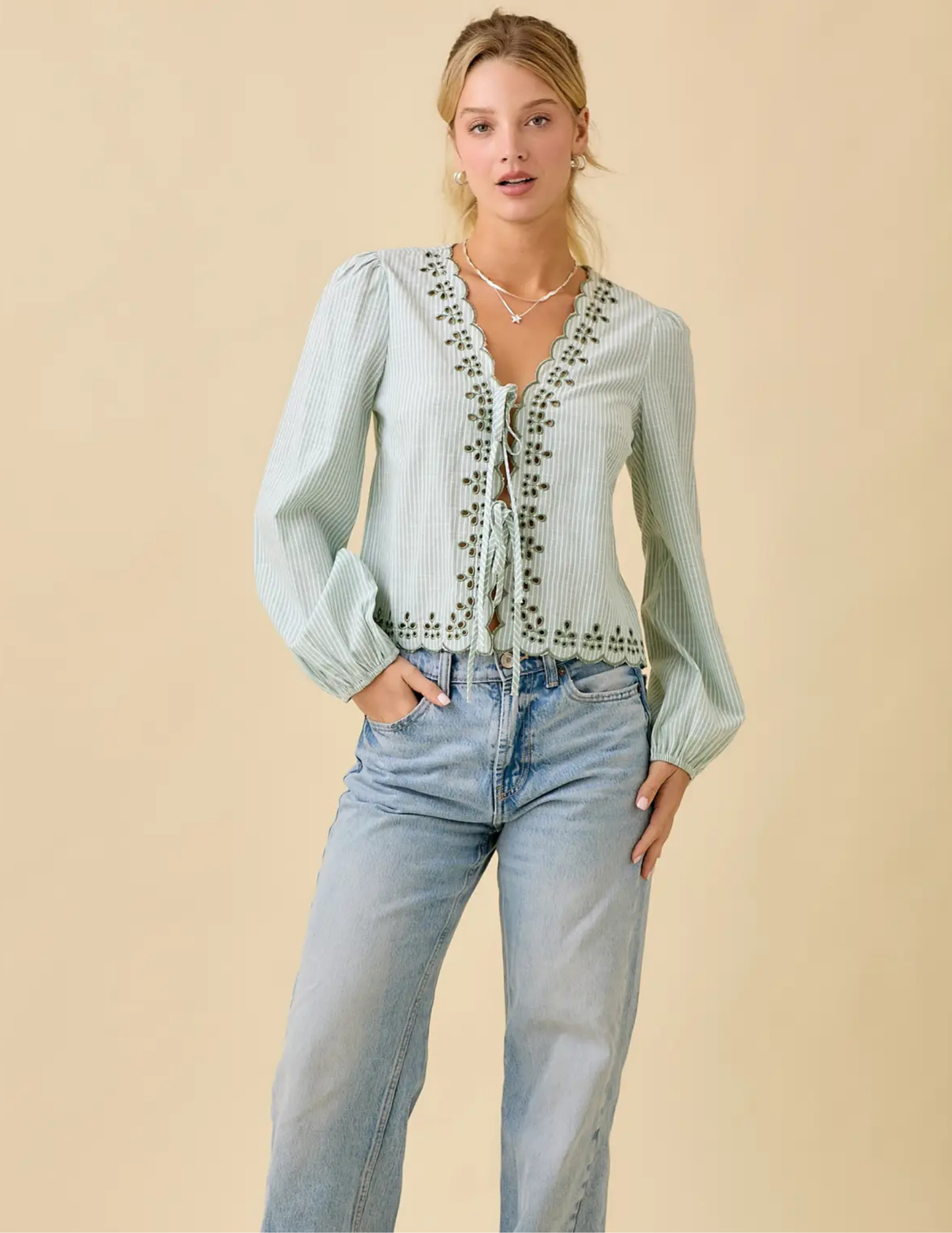Scallop Embroidered Top with Front Tie - Tres Chic Boutique