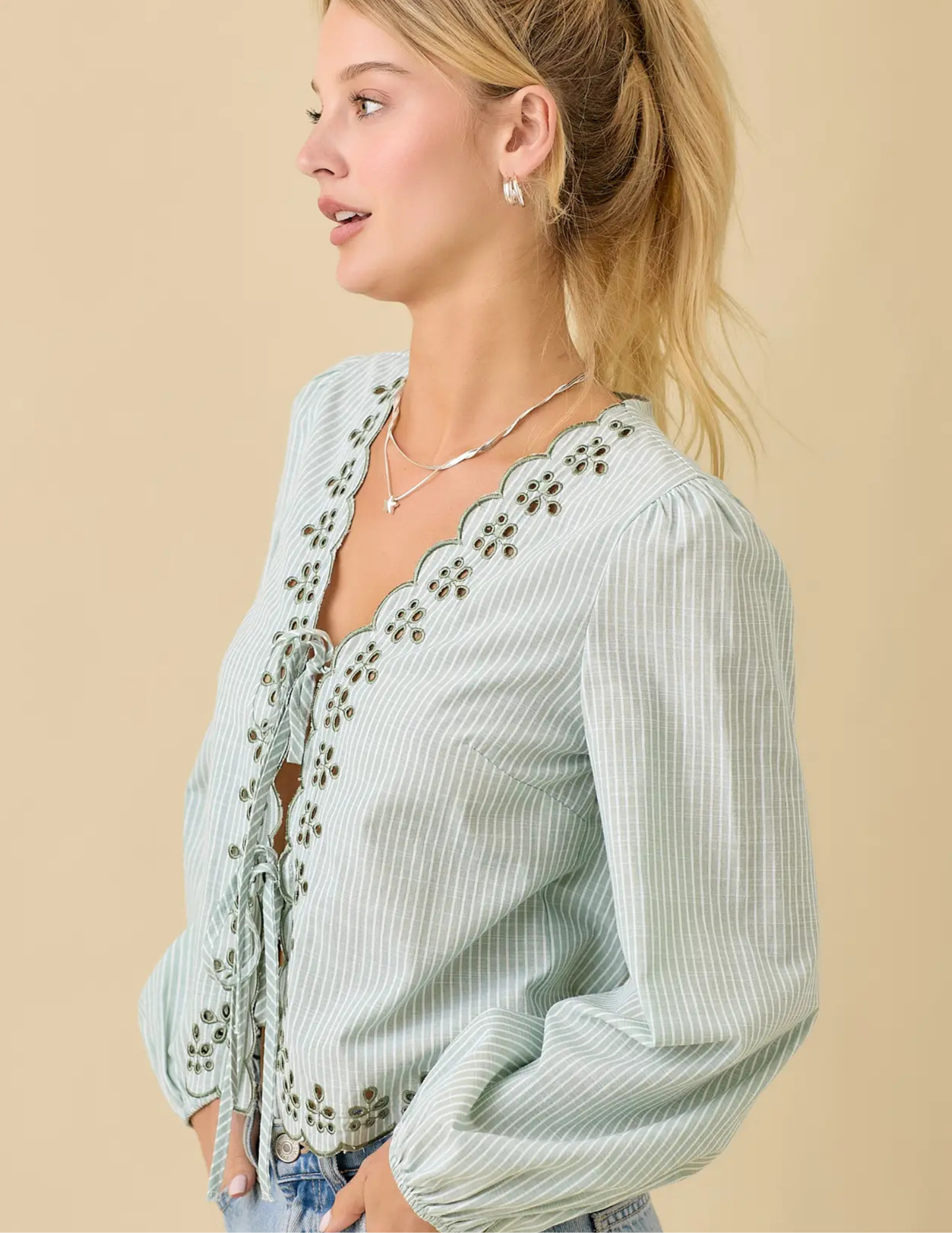 Scallop Embroidered Top with Front Tie - Tres Chic Boutique