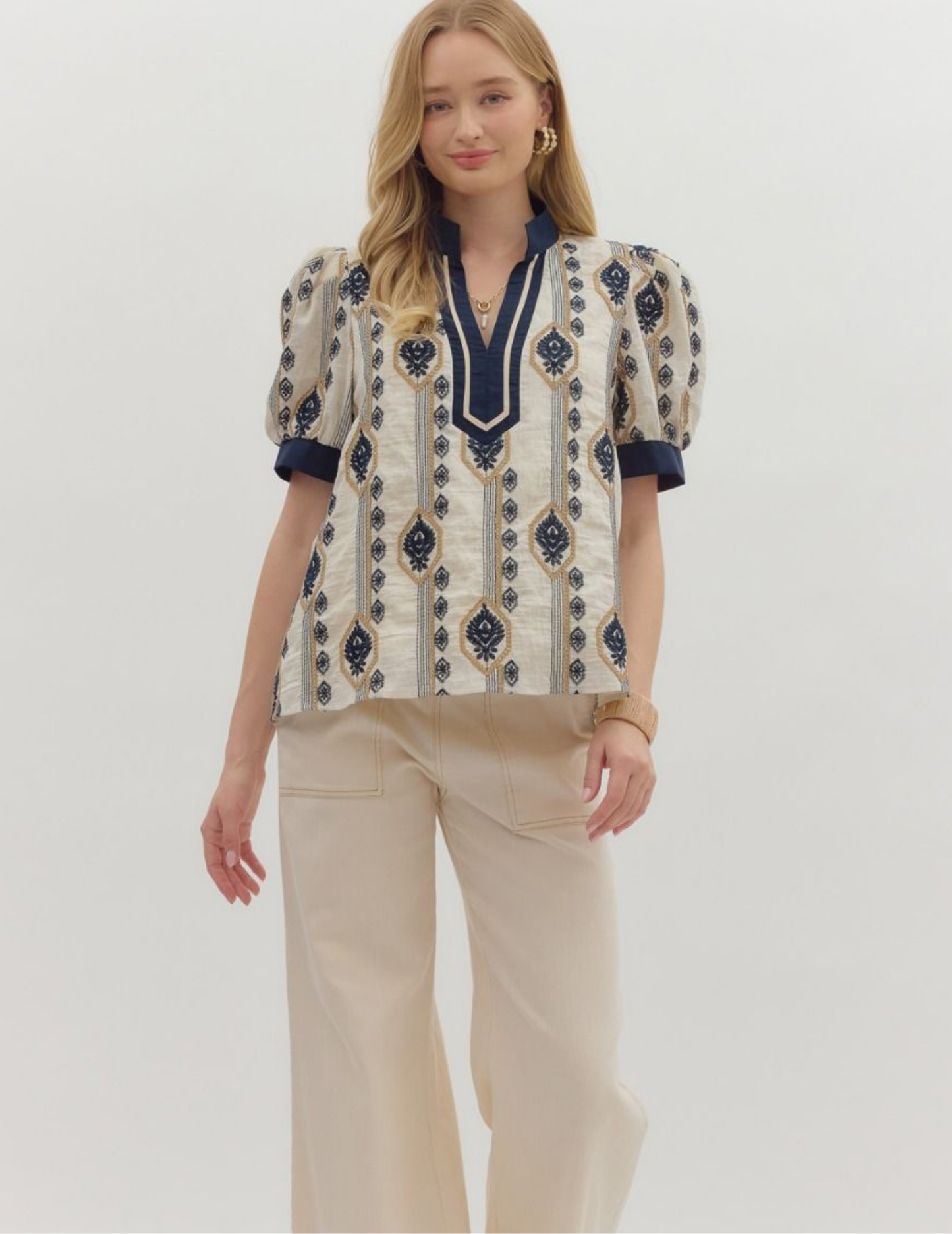Navy Abstract Short Puff Sleeve Top - Tres Chic Boutique