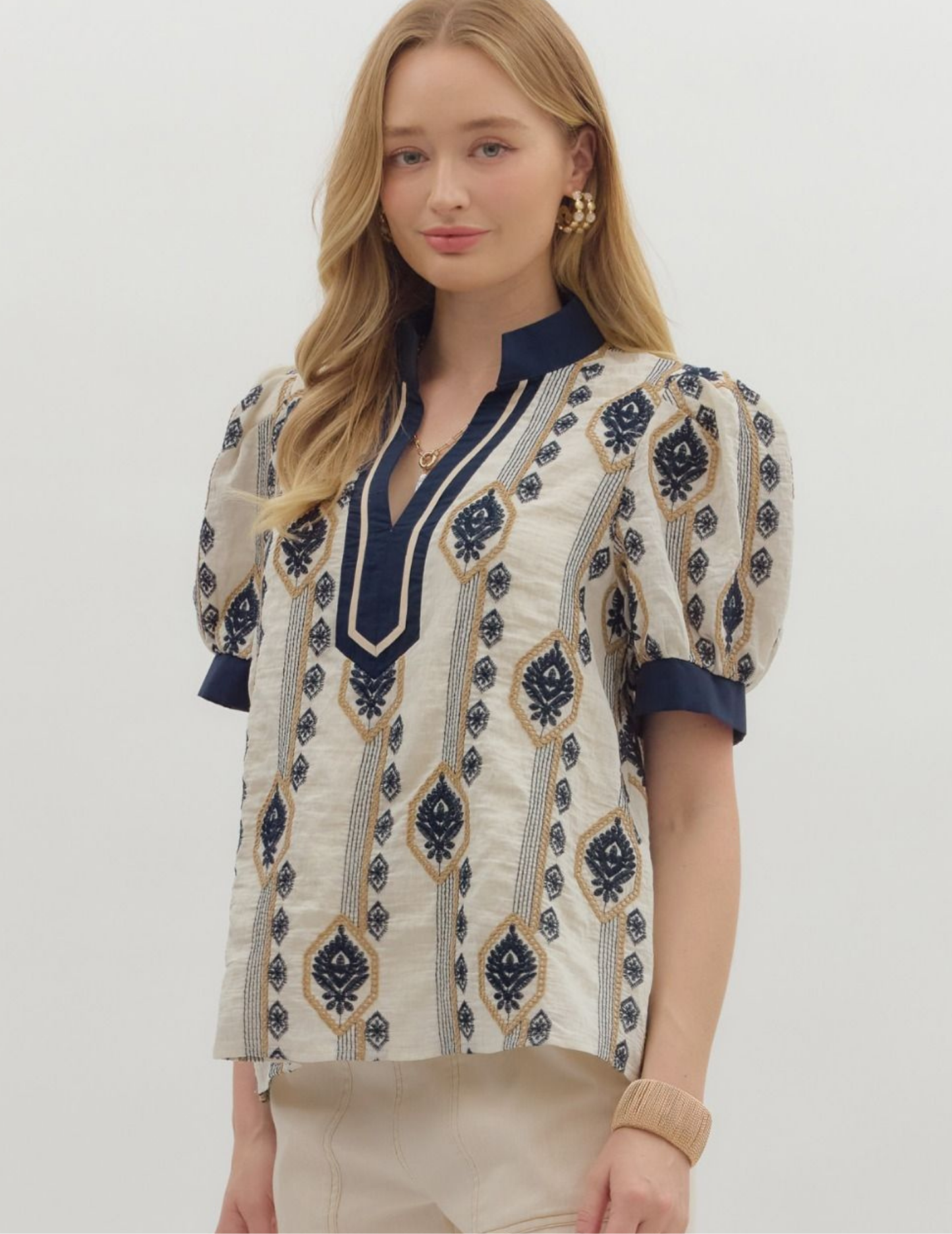 Navy Abstract Short Puff Sleeve Top - Tres Chic Boutique