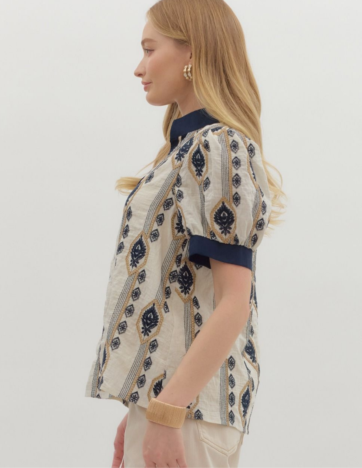 Navy Abstract Short Puff Sleeve Top - Tres Chic Boutique