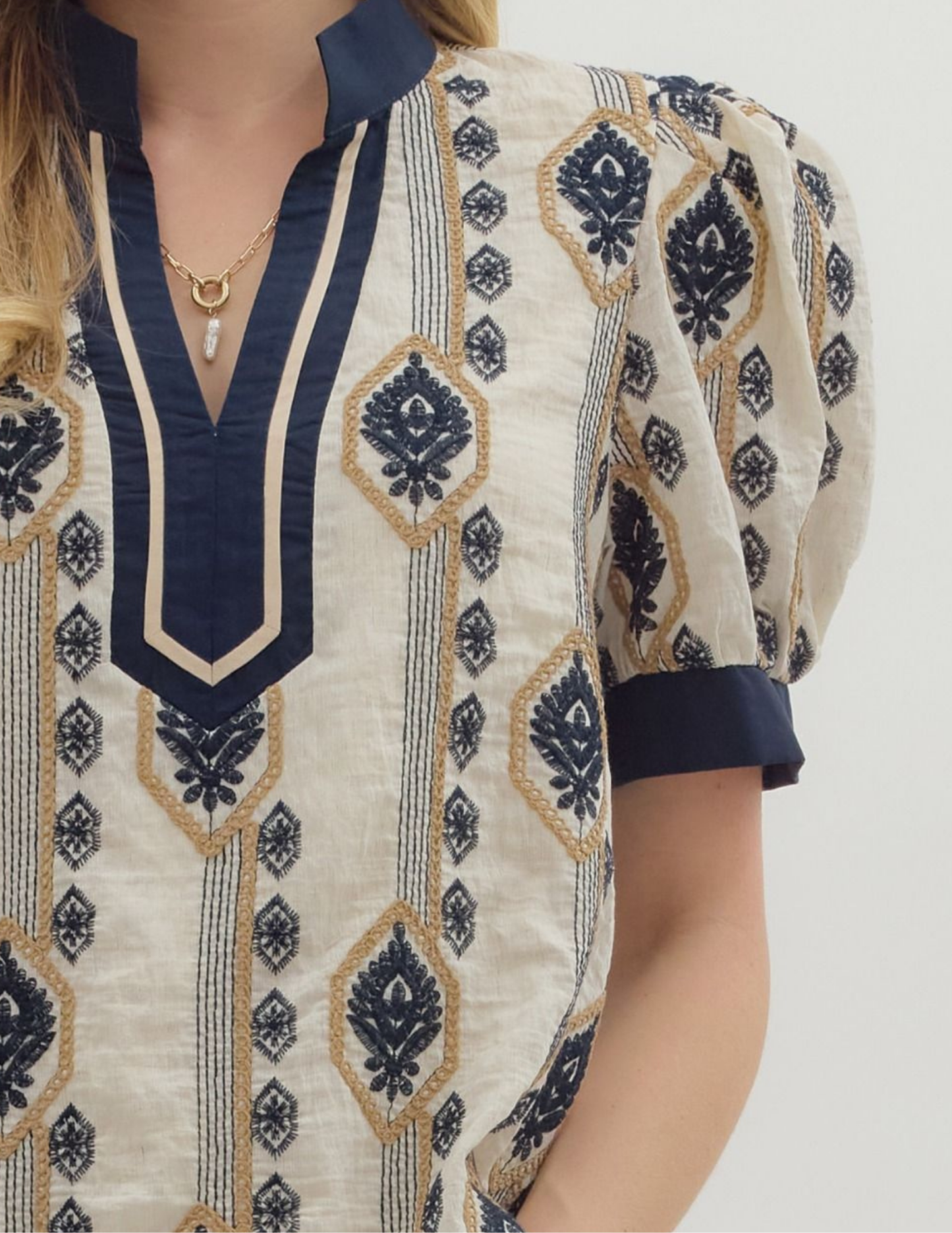 Navy Abstract Short Puff Sleeve Top - Tres Chic Boutique