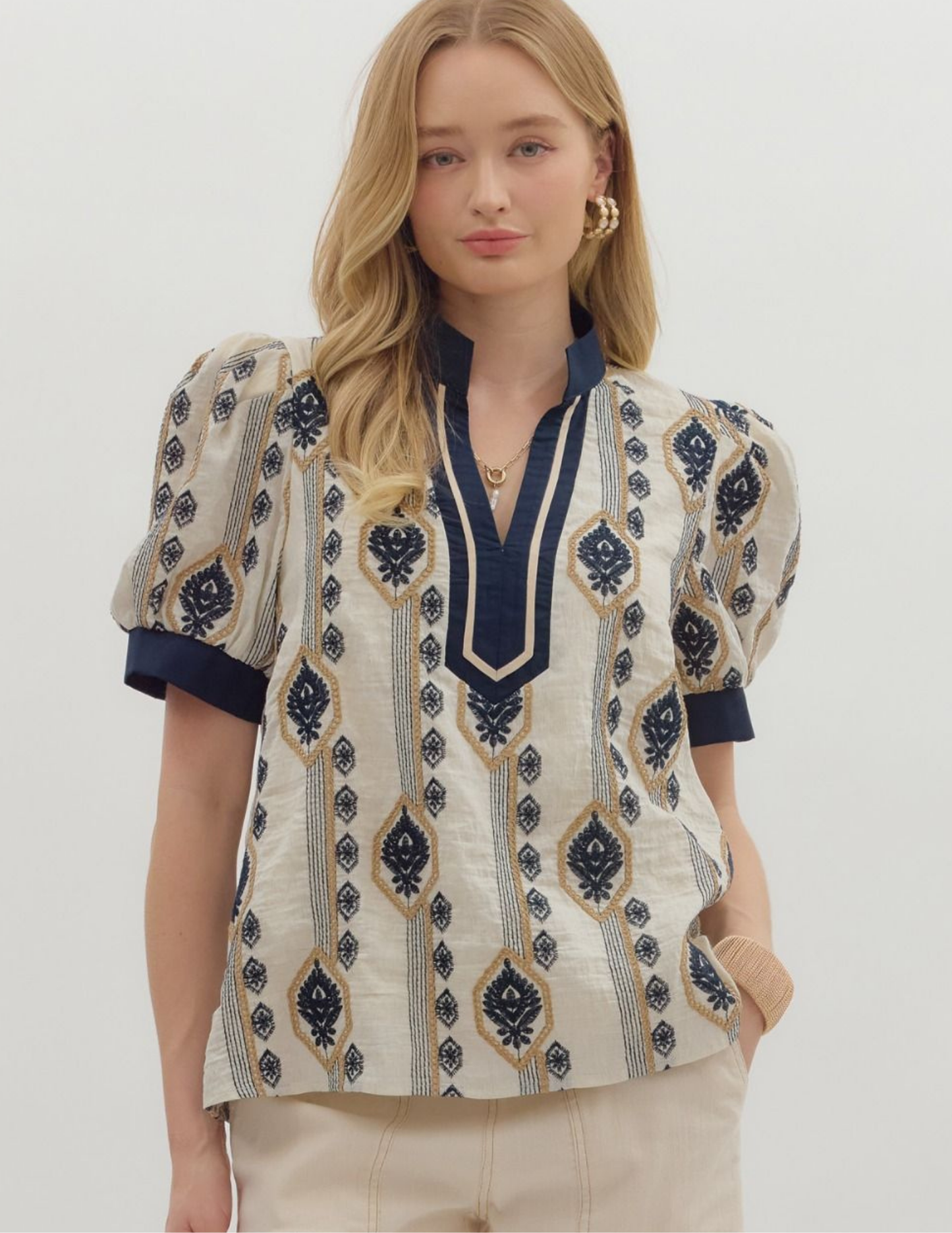 Navy Abstract Short Puff Sleeve Top - Tres Chic Boutique