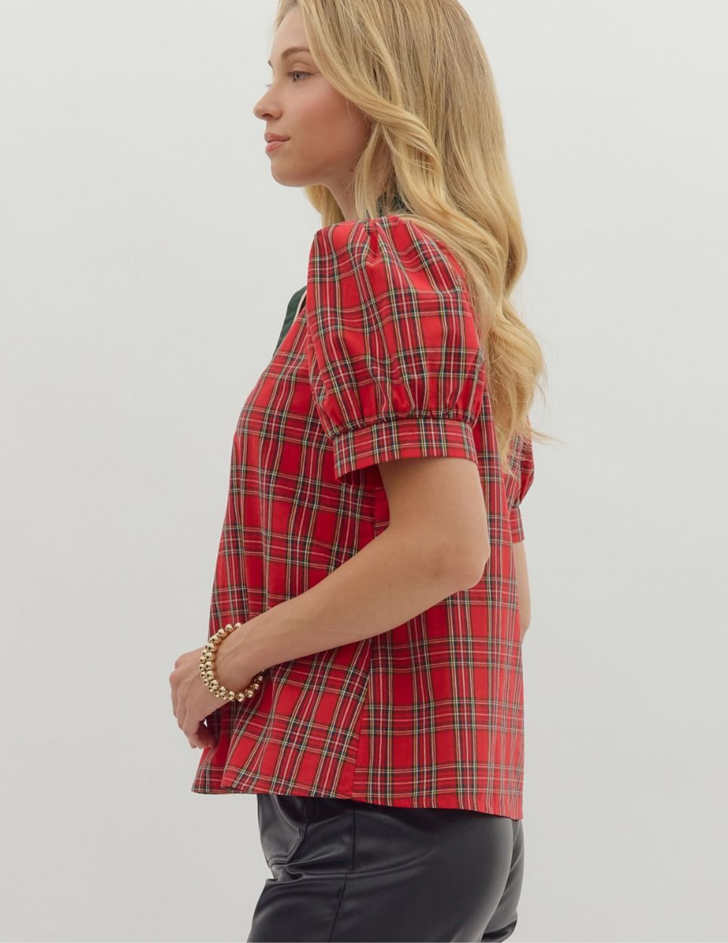 Plaid Patterned VNeck Top- Red
