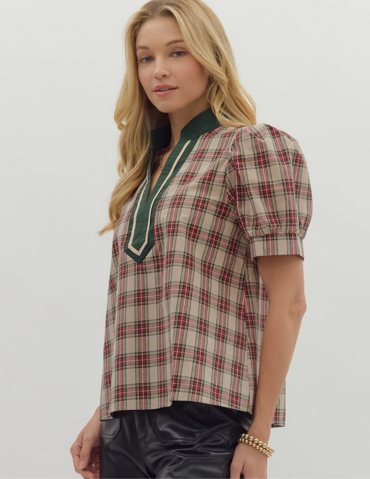 Plaid Patterned VNeck Top- Taupe - Tres Chic Boutique